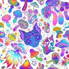 Magic mushrooms and cosmic cat seamless pattern. Psychedelic hallucination. 60s hippie colorful art. Vintage psychedelic textile, fabric, wrapping, wallpaper. Vector repeating illustration.