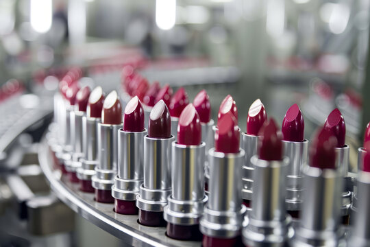 Lipsticks with filling machine in a cosmetics factory