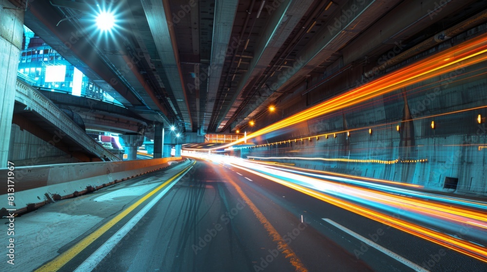 Poster a highway tunnel with streaks of light from passing vehicles, showcasing the infrastructure beneath 
