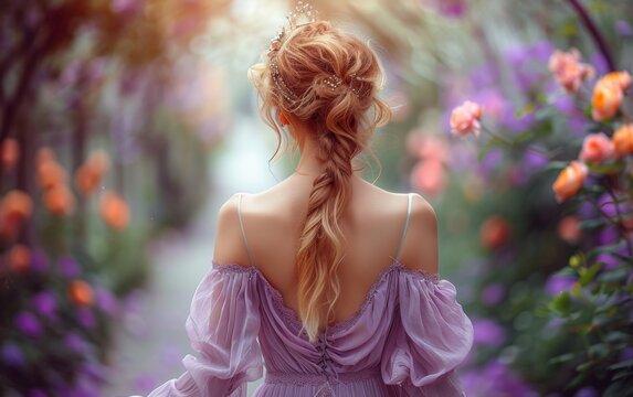 A woman in a purple dress is walking through a garden. The flowers are purple and orange, and the woman's hair is styled in a braid. The scene is peaceful and serene