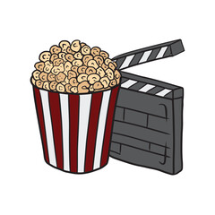 Tasty popcorn in carton cardboard striped box near the black clapboard isolated on white. Hand drawn vector sketch illustration in doodle engraved line art vintage style. Cinema, movie record.