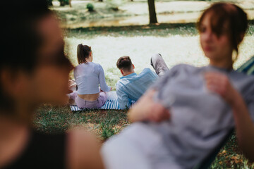 A casual group of young adults lounges on a blanket in a sunlit park, embodying the essence of a...