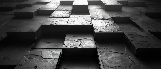 An abstract 3D rendering of geometric blocks on a black background
