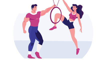 Romantic couple cartoon characters doing gymnastics