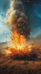 A large explosion is depicted in the image, with a lot of debris and smoke in the air. The scene is chaotic and intense, with the explosion creating a sense of danger and destruction