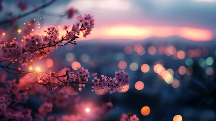 Urban Serenity Cherry Blossoms Illuminated by City Lights