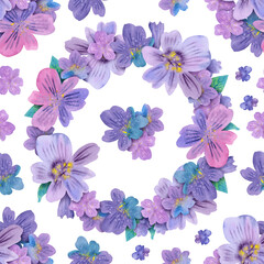 Seamless pattern of watercolor flowers floral lilac wreath. Botanical hand painted floral elements. Hand drawn illustration. On white background. For fabric, wrapping paper, wallpaper, decor, textile