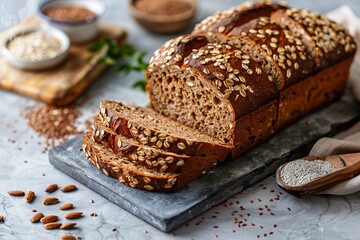 A rustic wooden table adorned with a freshly baked loaf of bread, its crust dusted with oats and flax seeds, invitingly sliced and ready to be enjoyed