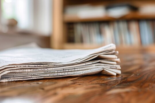 A newspaper resting on a rustic wooden desk, featuring latest headlines and stories