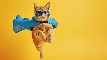 superhero cute red kitten on plain studio background