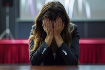 Embarrassed businesswoman covering her face with hands during a press conference amidst a scandal