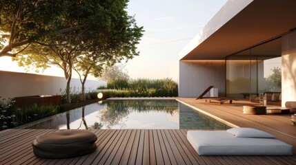 Fototapeta premium A minimalist backyard with a geometric pool, wooden deck, and minimalist landscaping, offering a serene retreat for outdoor relaxation.