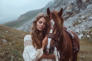 Fototapeta premium A picturesque scene of a young woman enjoying a serene moment with her horse amidst the breathtaking mountain scenery.