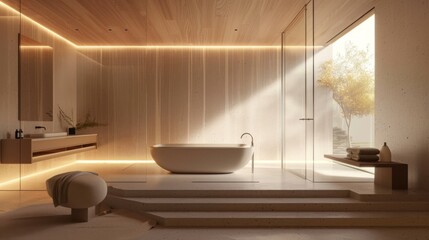 A minimalist bathroom with clean lines, a freestanding bathtub, and minimalist fixtures, offering a spa-like retreat at home.