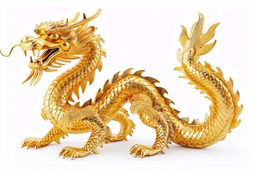 Fototapeta premium Chinese golden dragon isolated on white. The majestic figure of a traditional golden Chinese dragon stands out vividly against the blank canvas of white, its intricate scales and flowing mane a testam