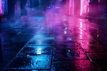 Empty background scene. Dark street reflection on the wet pavement. Rays neon light in the dark, neon figures, smoke. Night view of the street, the city. Abstract dark background - generative ai