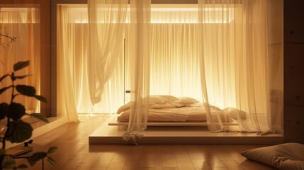 A minimalist bedroom with a canopy bed, sheer curtains, and soft lighting, evoking a sense of luxury and relaxation.