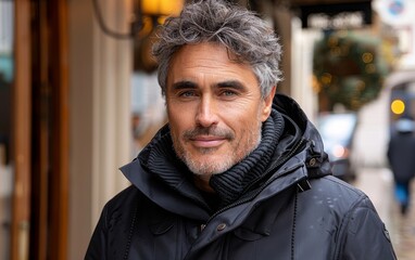 Obraz premium A man with a beard and gray hair is wearing a black coat and scarf. He is smiling and looking at the camera