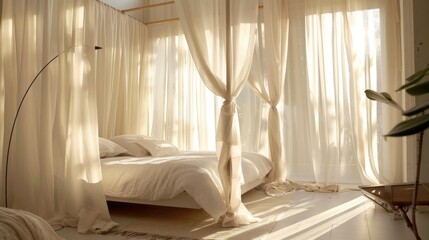 A minimalist bedroom with a canopy bed, sheer curtains, and soft textiles, exuding elegance and sophistication.