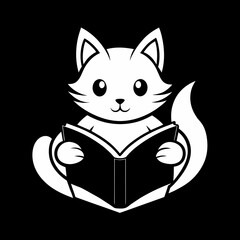 2d vector logo icon minimalistic cute white logo on black background stylized cat reading an open book