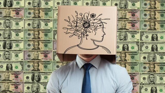 Confused Businessman With Cardboard Box on Head Against Money Background