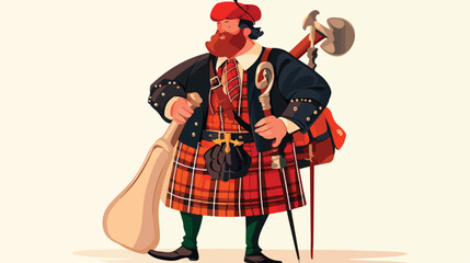 Scottish man in national clothes red tartan beret a