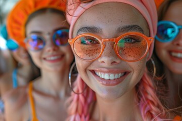 Close-up portrait of a beaming young woman in stylish glasses, surrounded by vividly-dressed friends, depicting unity