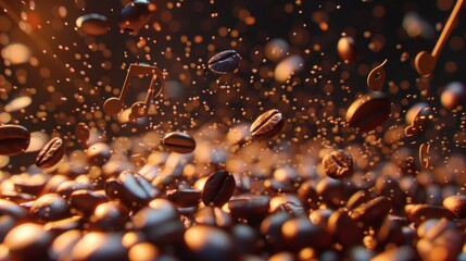 Rhythmic Roast Coffee Beans Dance to the Beat of Music Notes in Vibrant Harmony