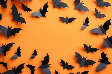 Spooky Halloween scene with pumpkins, witches, and haunted house decorations on eerie night background. Festive greeting card mockup for Halloween party. Top view, flat lay with copy space.