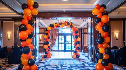 Eye-catching balloon columns standing tall at the entrance, welcoming guests with warmth and festivity