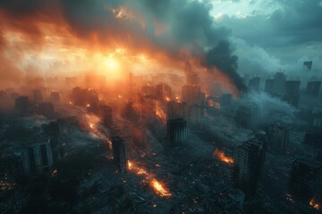 A devastating apocalyptic scene showing a city engulfed in flames under a dramatic fiery sunset
