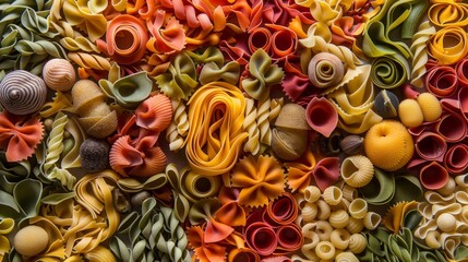Naklejka premium Vibrant Italian Pasta Medley A Flavorful Feast of Colors and Shapes