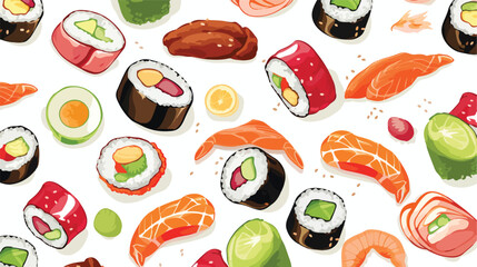 Seamless colorful pattern with various sushi in ske