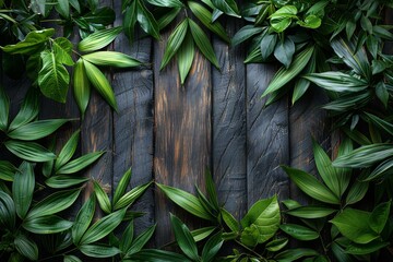 Top view of lush green leaves arranged in an overlapping pattern on a dark wooden background