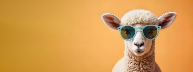 Sheep lamb in sunglass shade glasses isolated on gradient background, commercial, advertisement, Creative animal concept with copy space
