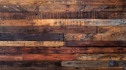 A wooden wall with many different colored boards. The wall is made of wood and has a rustic feel to it