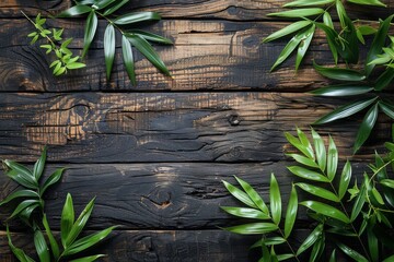 The image showcases a vibrant contrast of fresh green leaves against the rich, dark grain of weathered wood - Powered by Adobe