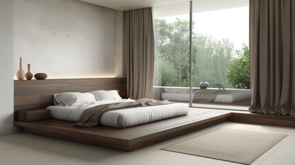 A minimalist bedroom with a platform bed, clean lines, and neutral colors, promoting relaxation and tranquility.