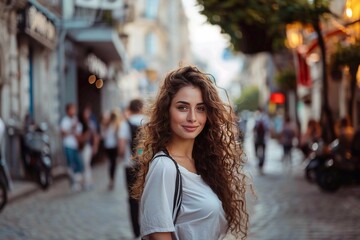 Fototapeta premium Photo in full height a charming brunette in her 30s with curvaceous forms and plump lips and long curly brown hair walks happily around the city and all the men are watching