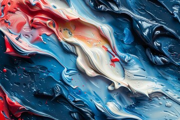 This image features enthralling waves and swirls of paint, combining shades of red, blue, yellow,...