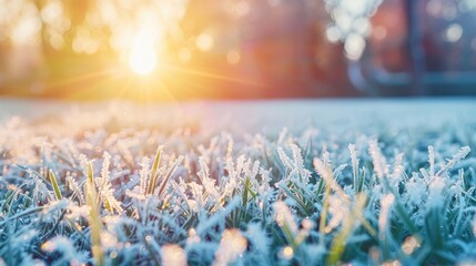 A field of grass covered in frost and snow. The sun is shining brightly in the background. Concept of tranquility and peacefulness, as the frosty grass and the warm sun create a beautiful contrast