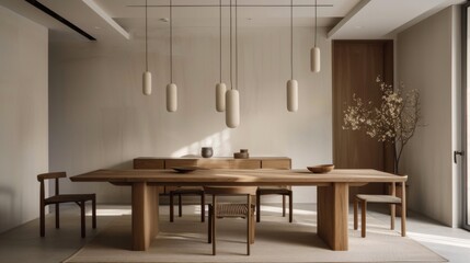 A minimalist dining room with a simple wooden table, modern chairs, and pendant lighting, perfect for stylish yet intimate gatherings.