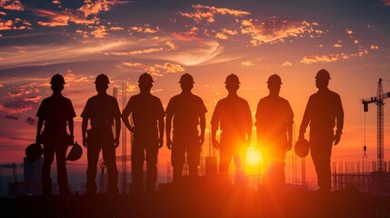 Dawn of Progress Silhouetted Construction Crew Embracing Safety and Innovation at Sunrise