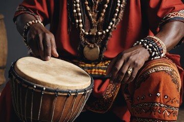 Pulse of the Motherland: Close-Up of Djembe Drumming in Tribal Wear