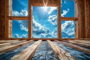 View from within a wooden structure to a bright sunny sky with clouds, evoking a sense of new beginnings