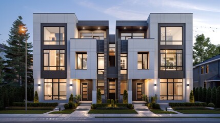 A minimalist exterior facade of a contemporary townhouse with clean lines, neutral colors, and geometric shapes, epitomizing modern urban living.