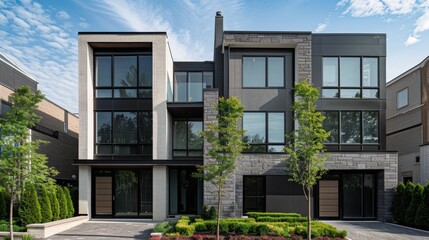 Fototapeta premium A minimalist exterior facade of a contemporary townhouse with clean lines, neutral colors, and geometric shapes, epitomizing modern urban living.