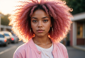 cute black girl with stylish pink afro hair and golden earrings standing in the street with pink jacket