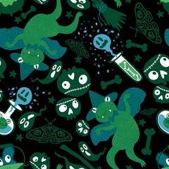 Halloween animals seamless frogs pattern for wrapping paper and fabrics