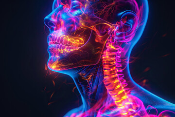 Image of a human skull and neck on a dark background with smoke and neon light. Generative AI